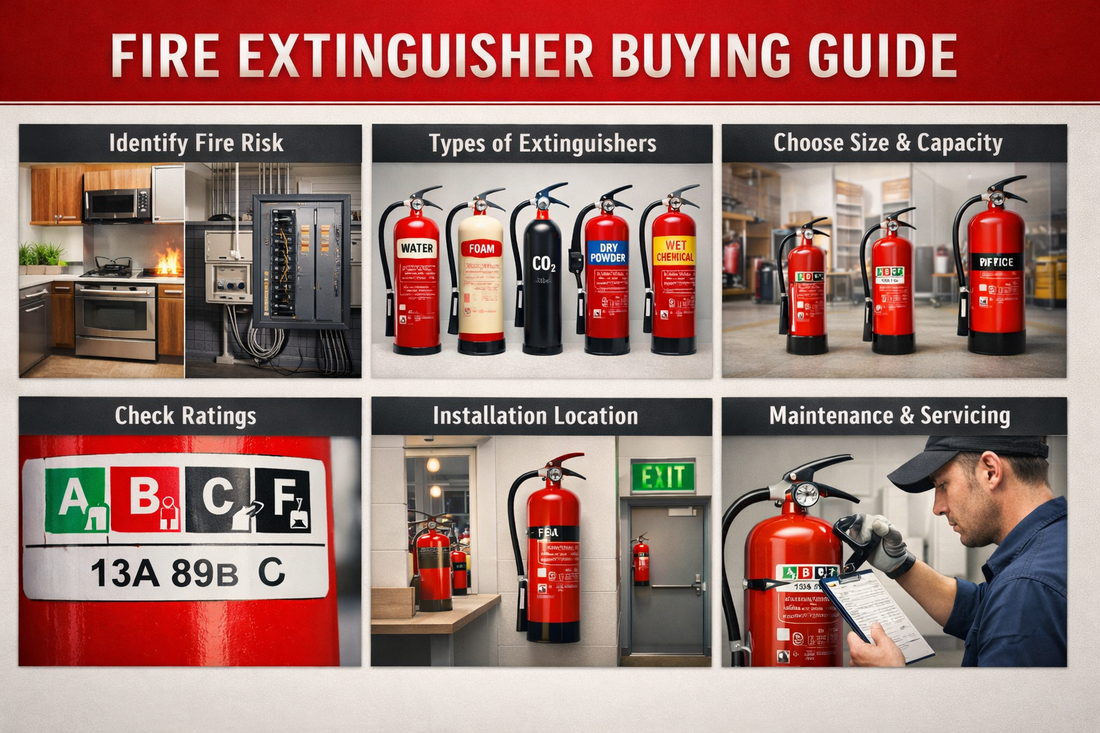 Fire extinguisher buying guide banner divided into six sections showing fire risk assessment, extinguisher types, sizes, ratings, installation, and maintenance.