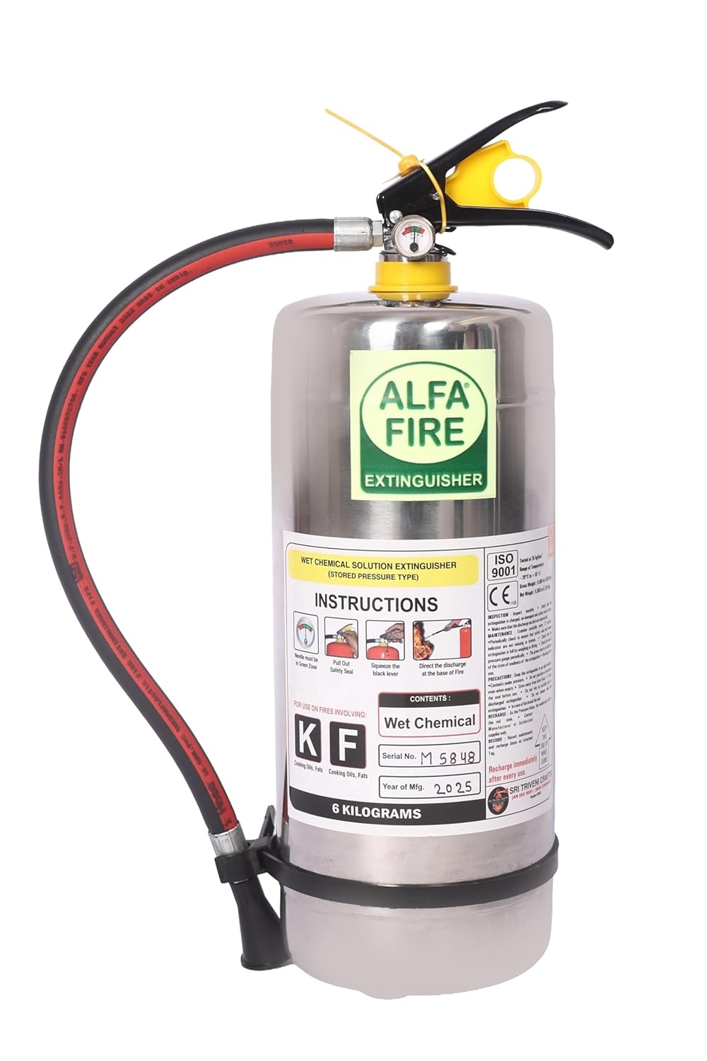 Alfa Fire Kitchen Fire Extinguisher – Wet Chemical – Stainless Steel Body – Refillable – 3-Year Content Expiry – 2L, 4L, 6L Variants | Ideal for Oil & Grease Fires