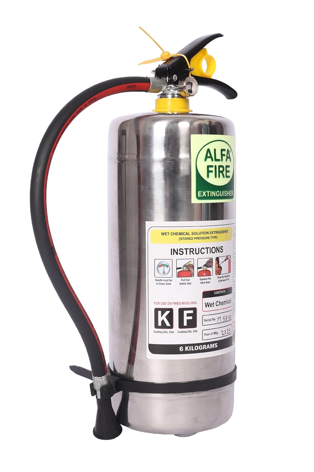 Alfa Fire Kitchen Fire Extinguisher – Wet Chemical – Stainless Steel Body – Refillable – 3-Year Content Expiry – 2L, 4L, 6L Variants | Ideal for Oil & Grease Fires