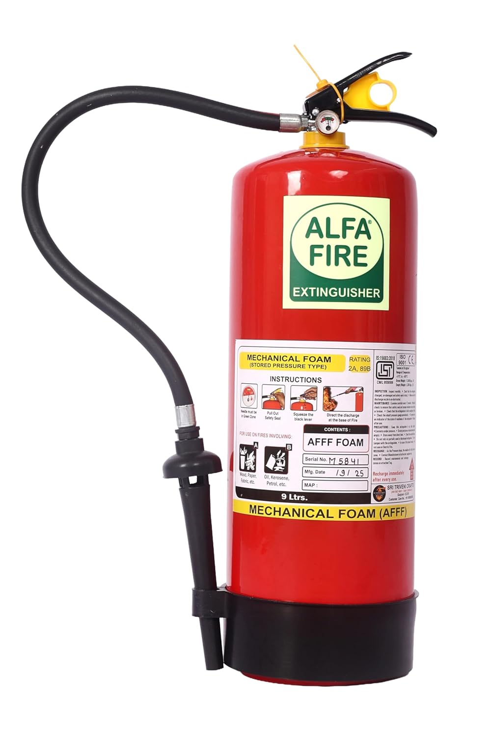 Alfa Fire 9L AFFF Foam Fire Extinguisher – 3-Year Content Expiry – Refillable – BIS Certified – Mild Steel Body – Class A & B Fires | Petrol, Oil, Wood, Plastic Fire Safety