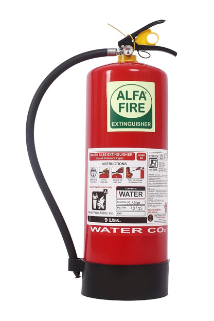 Alfa Fire 9L Water Fire Extinguisher – Class A Fire Protection – Refillable | Mild Steel Body | 3-Year Content Expiry | Ideal for Paper, Wood, Fabric, Plastic Fires | BIS Certified