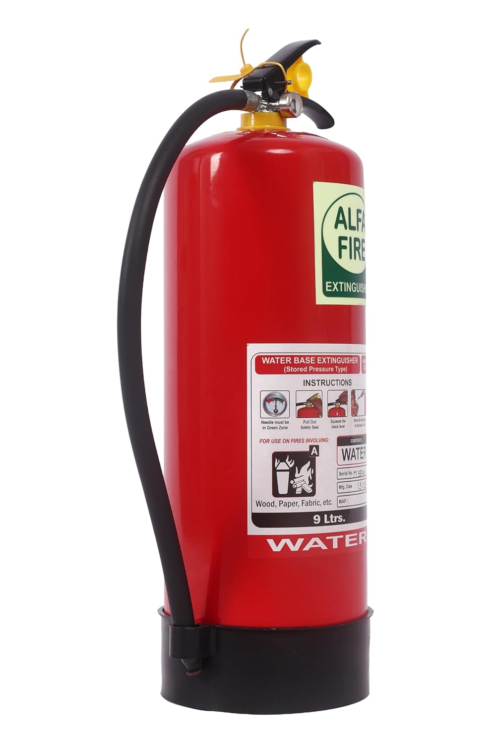 Alfa Fire 9L Water Fire Extinguisher – Class A Fire Protection – Refillable | Mild Steel Body | 3-Year Content Expiry | Ideal for Paper, Wood, Fabric, Plastic Fires | BIS Certified